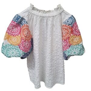 THML Textured White Embroidered Mandala Sleeve Button Up Top Women's Size M